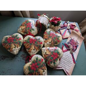 Lot 10 Christmas Ornaments Decoupage Balls, Hearts, Drums, & Sheetmusic